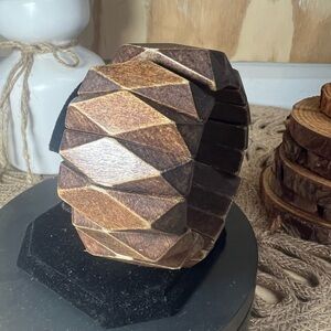 Vintage Bracelet – 1970s Faux Wood Chunky – Geometric Diamond – Boho Adjustable